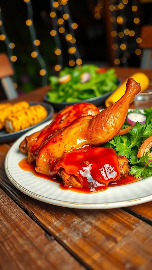 Grilled barbecue chicken on a plate with grilled corn and salad on a rustic table.